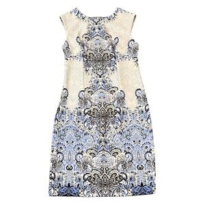 KARIN STEVENS sheath dress size 10 sleeveless white blue black